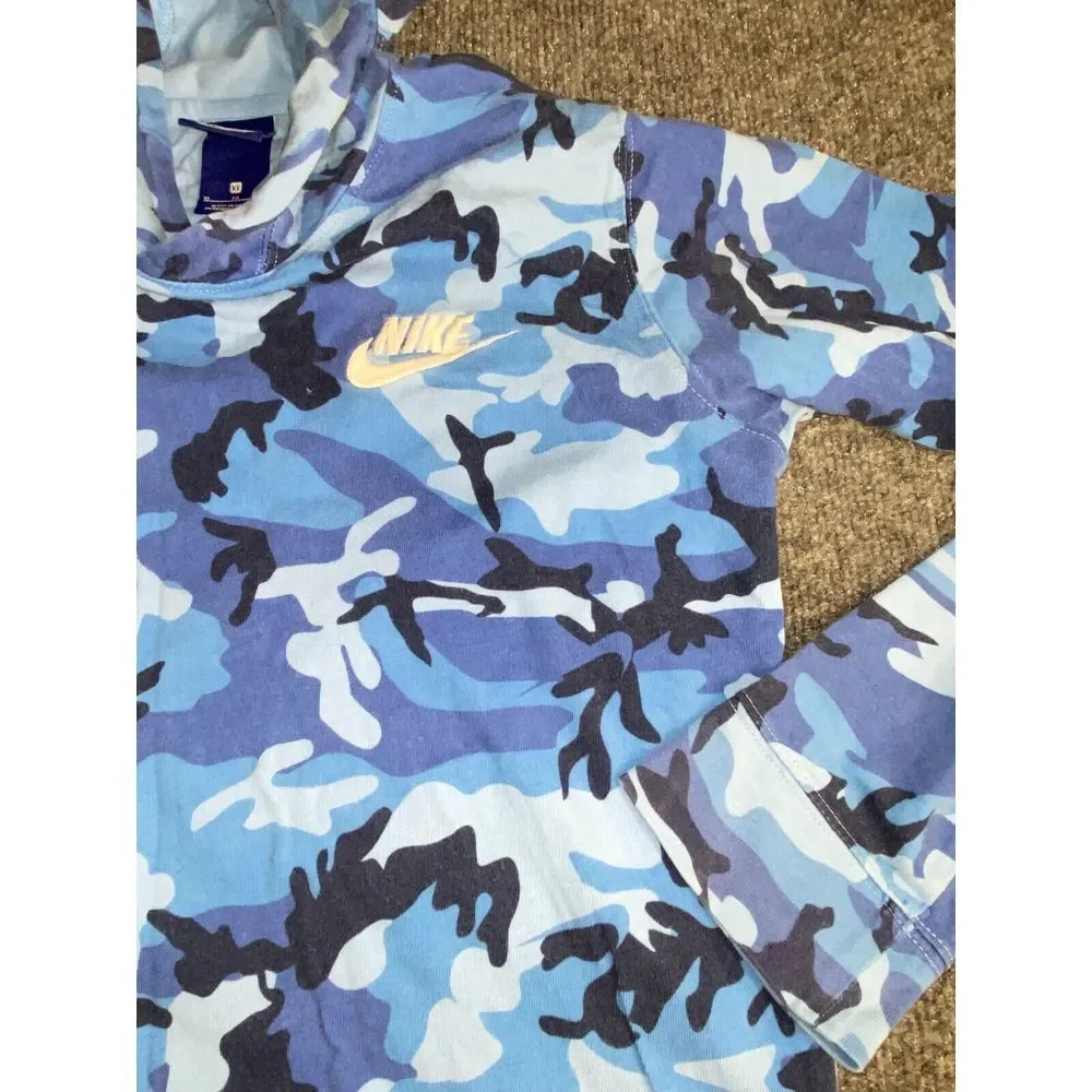 Nike Hoodie Boys ‎ XL Blue Camo Print Soft Knit Raglan Sleeve Embroidered Logo